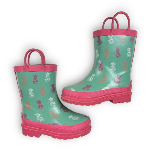 Lily & Dan Toddler Girls Rubber Rain Boots Size 7 Green Pink Pineapple Pull On - Picture 10 of 13